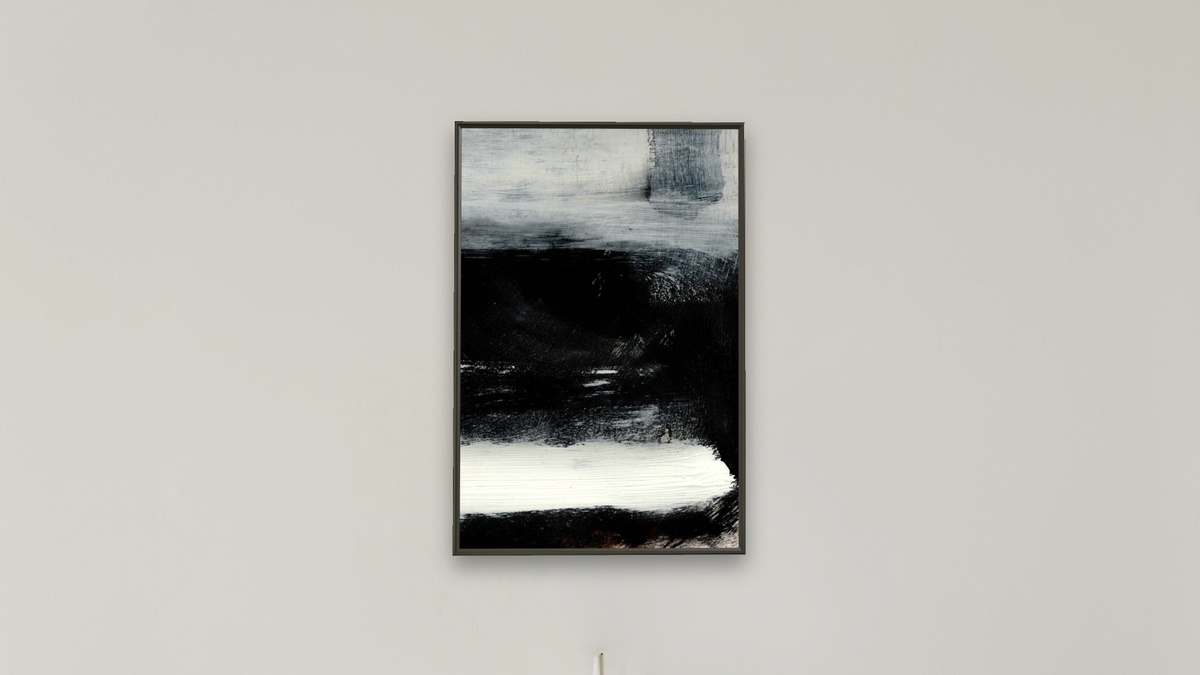 On The Low by Dan Hobday, shown at 28 × 42 in (71.1 × 106.7 cm) on canvas in Ramino Satin Black, boardroom