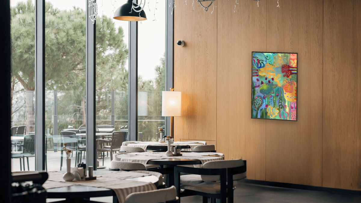 Upstream Thinking by Diane Boone, shown at 28 × 42 in (71.1 × 106.7 cm) on canvas in Ramino Satin Black, restaurant