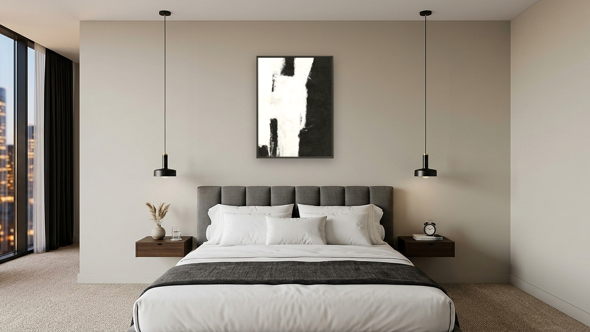 No. 365 by Michelle Oppenheimer, shown at 30 × 40 in (76.2 × 101.6 cm) on canvas in Ramino Satin Black, hotel guest room