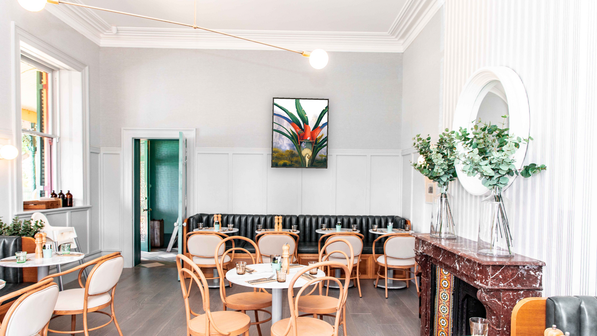 Bromeliad: Kaieteur Falls by Alexis Rockman, shown at 32 × 40 in (81.3 × 101.6 cm) on canvas in Ramino Satin Black, restaurant