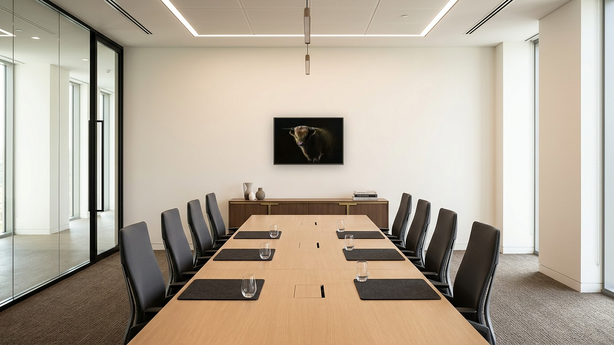 New bull by Brandon Luther, shown at 28 × 42 in (71.1 × 106.7 cm) on canvas in Ramino Satin Black, boardroom