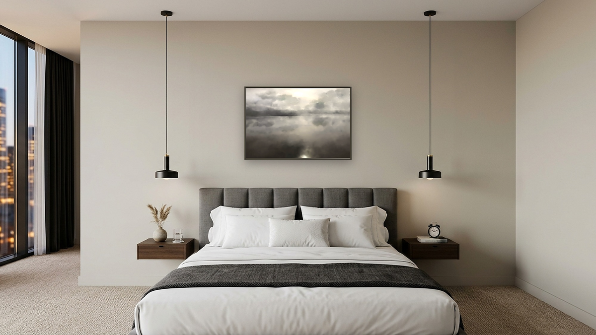 Going Home by Dan Hobday, shown at 28 × 42 in (71.1 × 106.7 cm) on canvas in Ramino Satin Black, hotel guest room