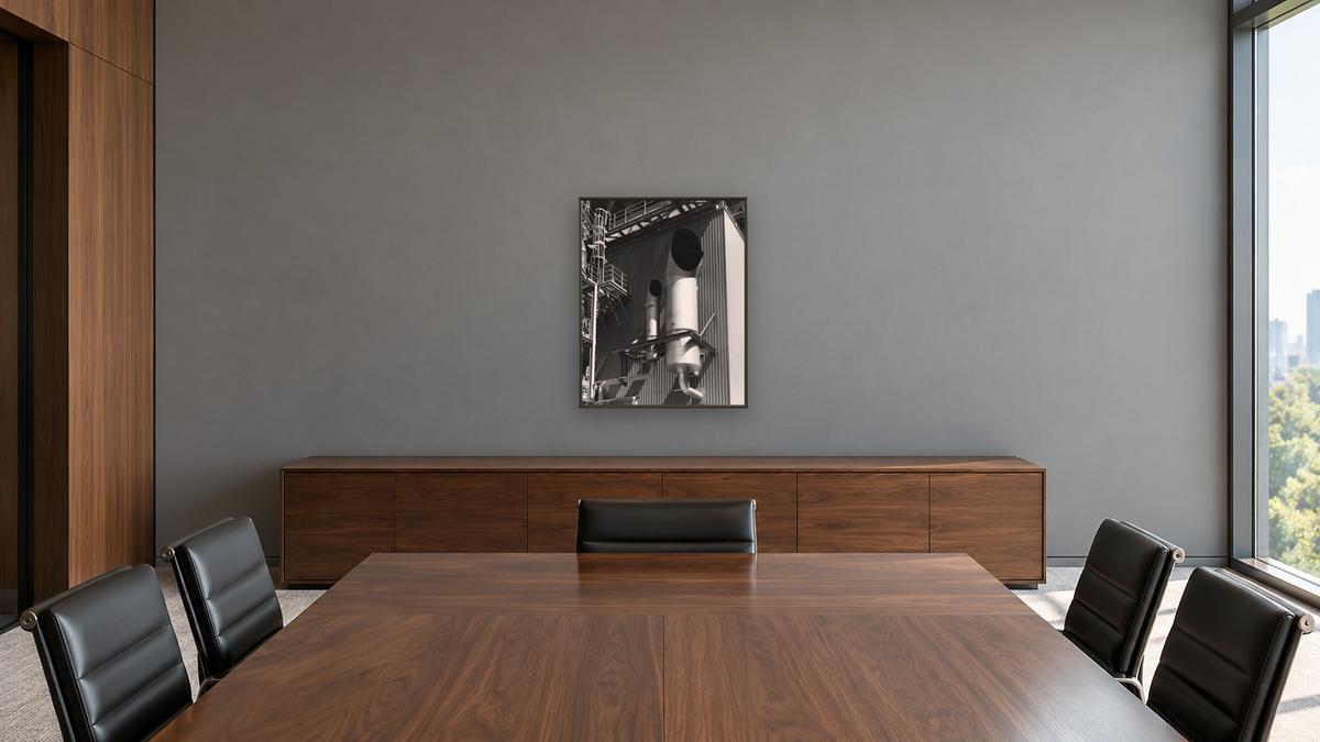 Mufflers by Gordon Osmundson, shown at 32 × 40 in (81.3 × 101.6 cm) on canvas in Ramino Satin Black, boardroom