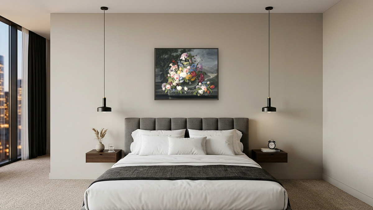 Still Life with Flowers and a Landscape by Severin Roesen, shown at 32 × 40 in (81.3 × 101.6 cm) on canvas in Ramino Satin Black, hotel guest room