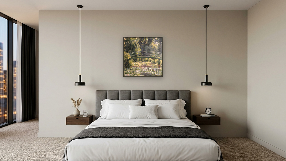 The Japanese Footbridge, Giverny by Claude Monet, shown at 32 × 32 in (81.3 × 81.3 cm) on canvas in Ramino Satin Black, hotel guest room
