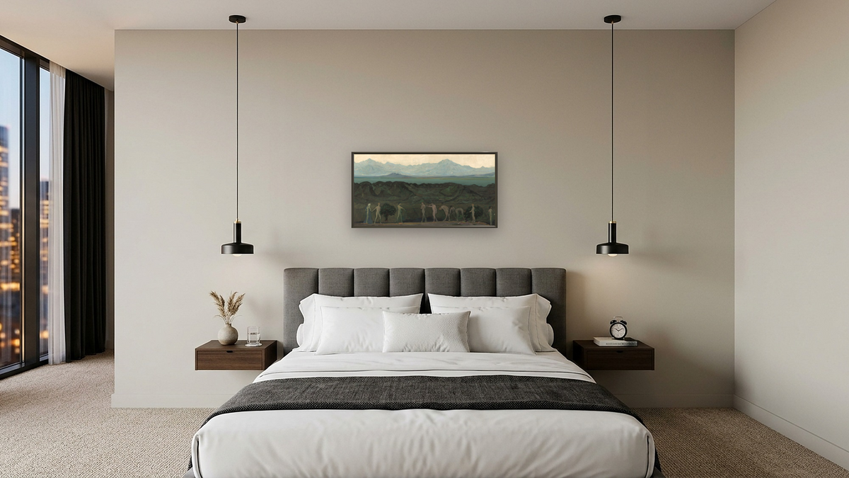 Line of Mountains by Arthur Bowen Davies, shown at 20 × 40 in (50.8 × 101.6 cm) on canvas in Ramino Satin Black, hotel guest room