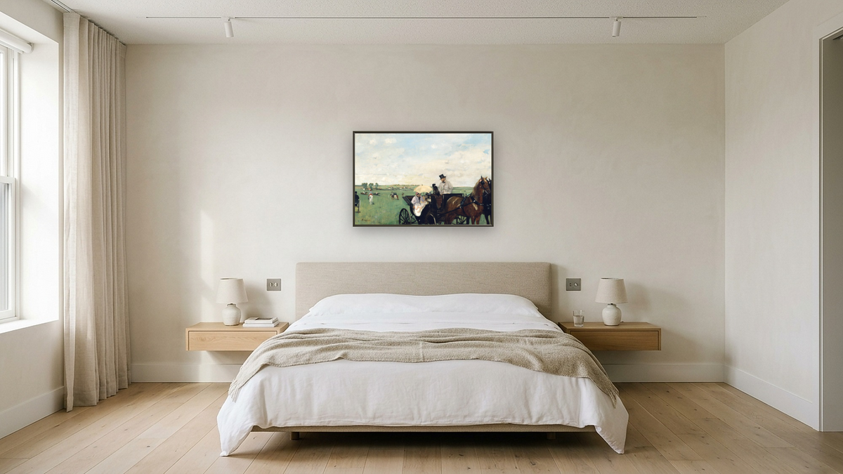 At the Races in the Countryside by Edgar Degas, shown at 28 × 42 in (71.1 × 106.7 cm) on canvas in Ramino Satin Black, hotel guest room