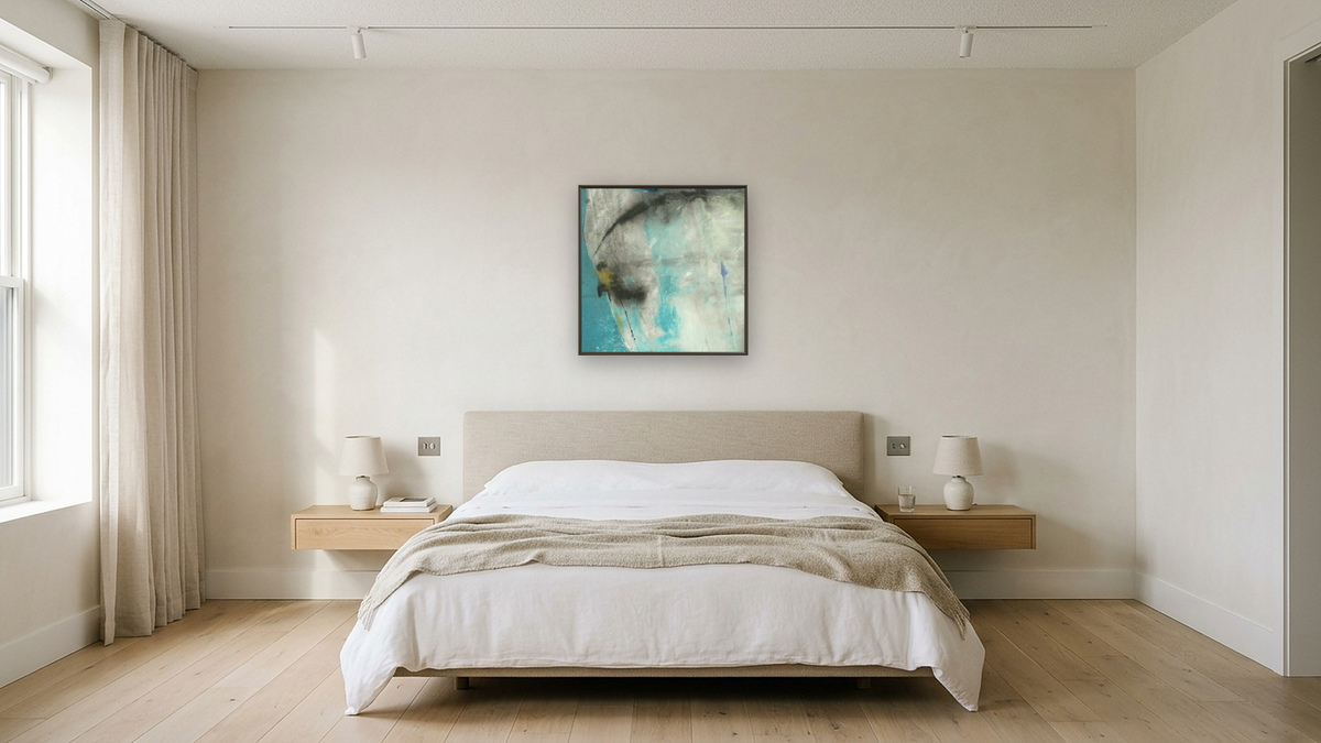 No. 195 by Michelle Oppenheimer, shown at 32 × 32 in (81.3 × 81.3 cm) on canvas in Ramino Satin Black, hotel guest room