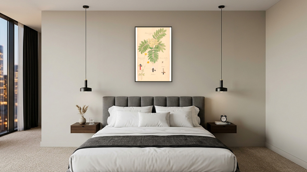 15cul-hilma-af-klint-review-mwcg-superJumbo.jpg by Hilma af Klint, shown at 28 × 42 in (71.1 × 106.7 cm) on canvas in Ramino Satin Black, hotel guest room