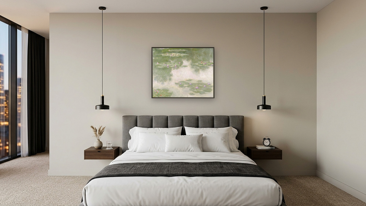 Nympheas, Water Landscape by Claude Monet, shown at 32 × 40 in (81.3 × 101.6 cm) on canvas in Ramino Satin Black, hotel guest room