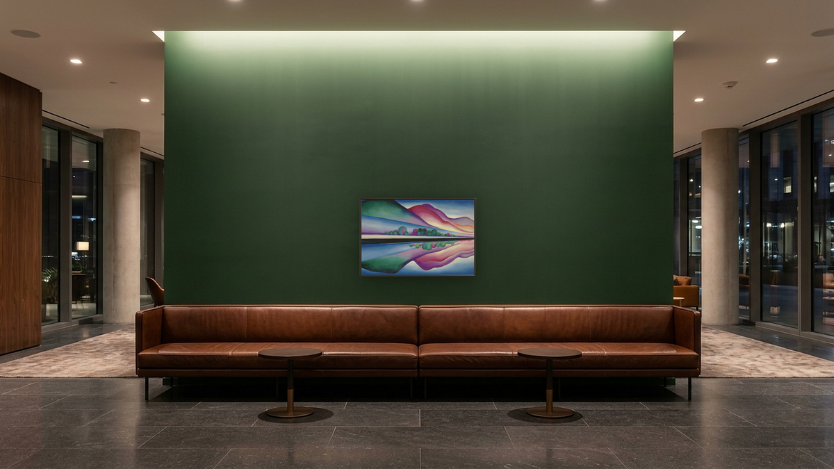 Lake George Reflection by Georgia O'Keeffe, shown at 28 × 42 in (71.1 × 106.7 cm) on canvas in Ramino Satin Black, hotel lobby