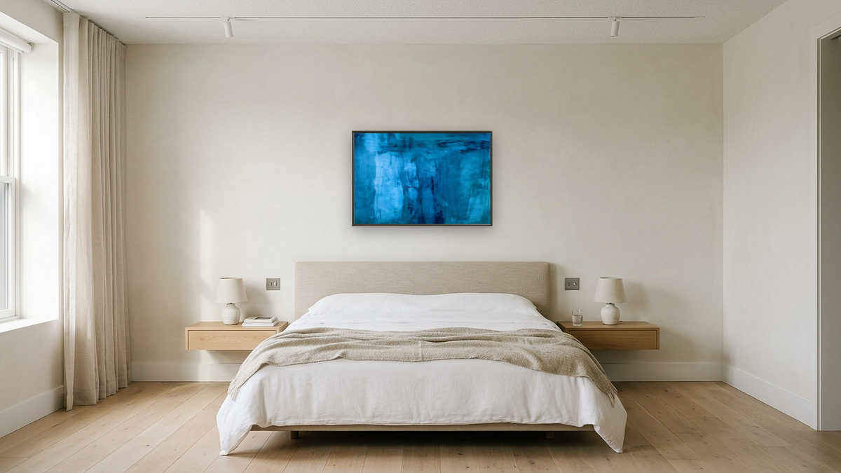 No. 113 by Michelle Oppenheimer, shown at 28 × 42 in (71.1 × 106.7 cm) on canvas in Ramino Satin Black, hotel guest room
