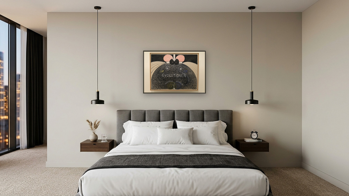Group VI, Evolution, No. 7 by Hilma af Klint, shown at 28 × 42 in (71.1 × 106.7 cm) on canvas in Ramino Satin Black, hotel guest room