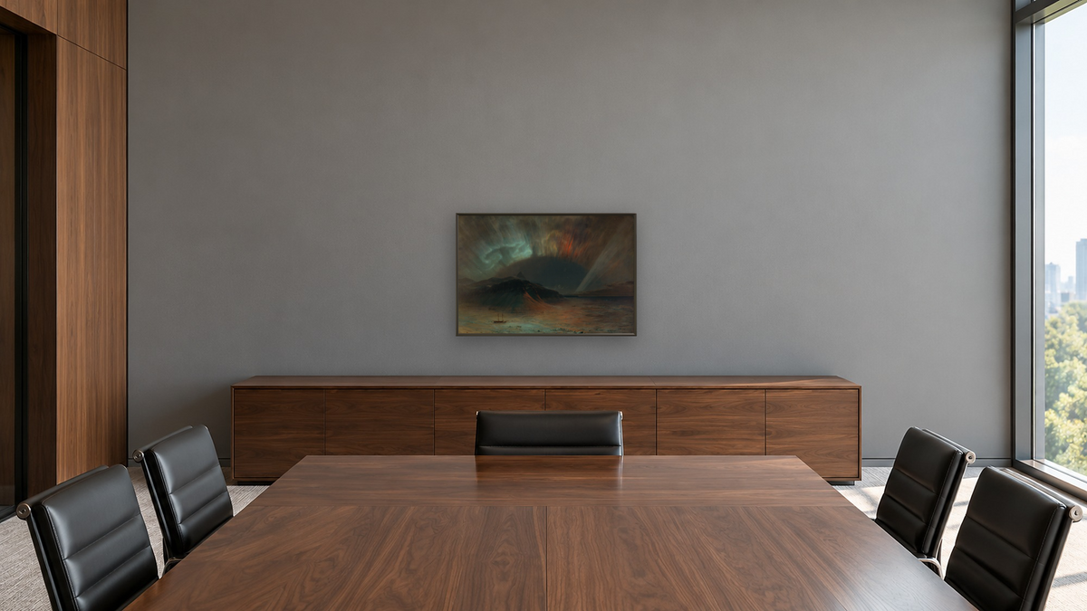 Aurora Borealis by Frederic Edwin Church, shown at 28 × 42 in (71.1 × 106.7 cm) on canvas in Ramino Satin Black, boardroom