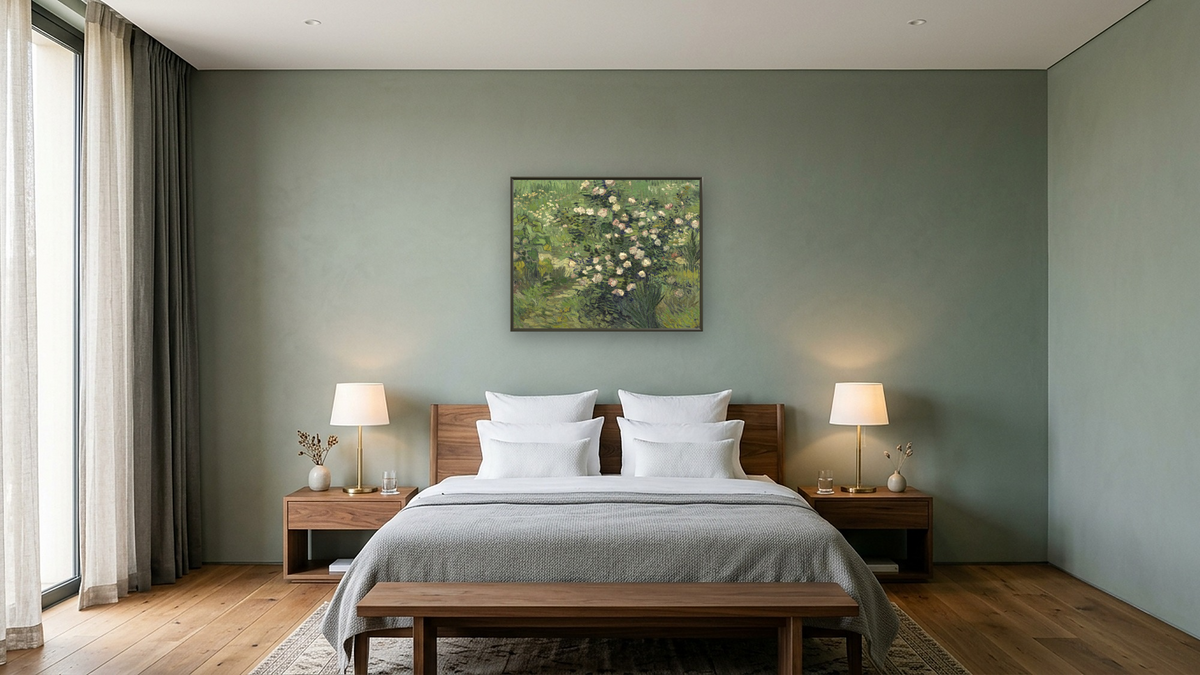 Roses by Vincent van Gogh, shown at 32 × 40 in (81.3 × 101.6 cm) on canvas in Ramino Satin Black, hotel guest room
