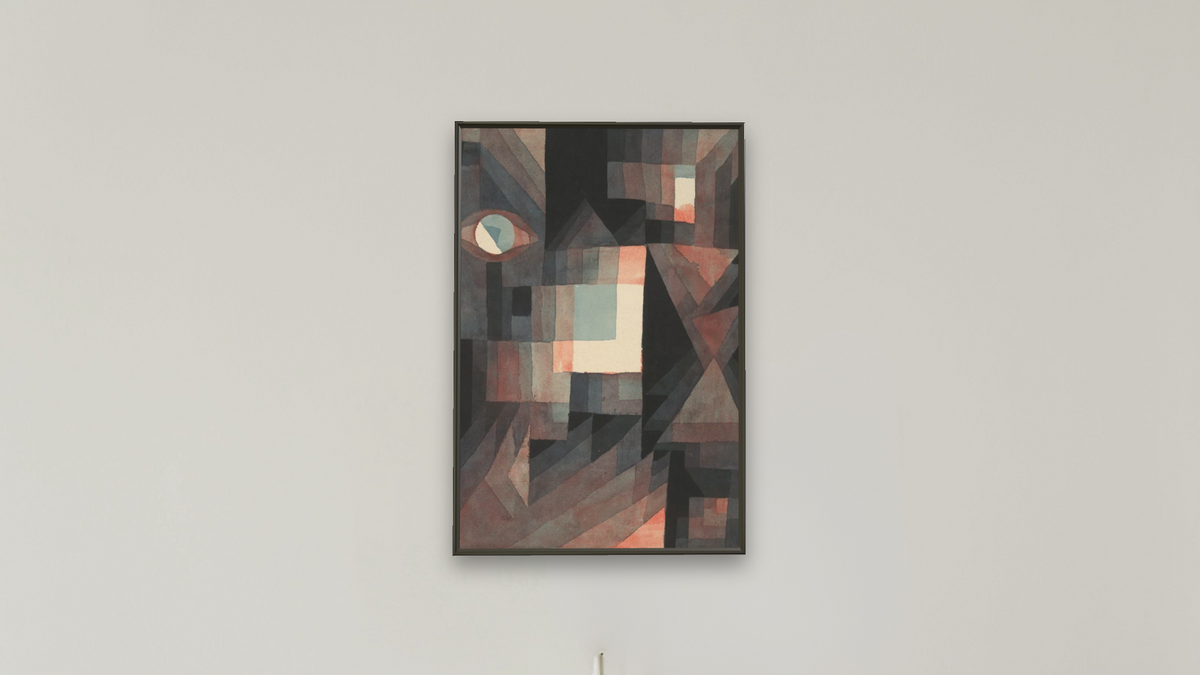 Abstract (Red/Green Gradation with some cinnibar in vertical format) by Paul Klee, shown at 28 × 42 in (71.1 × 106.7 cm) on canvas in Ramino Satin Black, boardroom