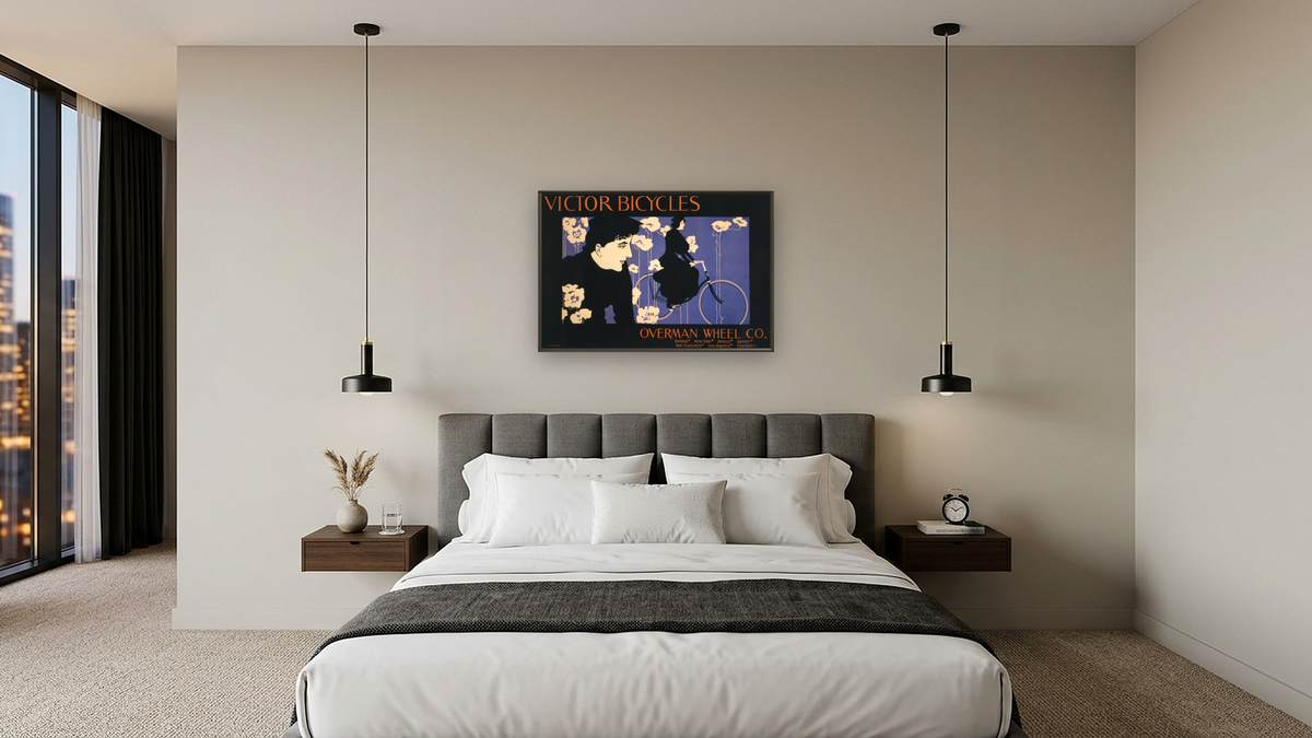 Victor, Victoria bicycles. Overman Wheel Co. by William H. Bradley, shown at 28 × 42 in (71.1 × 106.7 cm) on canvas in Ramino Satin Black, hotel guest room