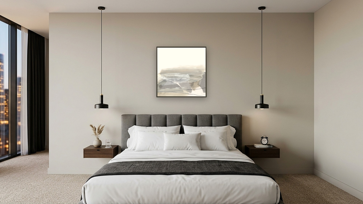 Nors by Dan Hobday, shown at 32 × 32 in (81.3 × 81.3 cm) on canvas in Ramino Satin Black, hotel guest room