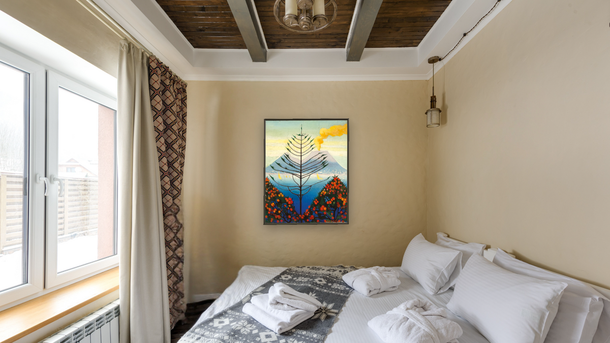 Capri by Joseph Stella, shown at 32 × 40 in (81.3 × 101.6 cm) on canvas in Ramino Satin Black, hotel guest room