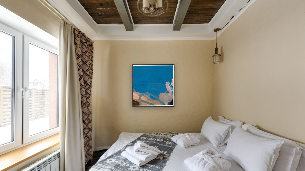 Snack 16 by Nino Yuniardi, shown at 32 × 32 in (81.3 × 81.3 cm) on canvas in Ramino Satin Black, hotel guest room