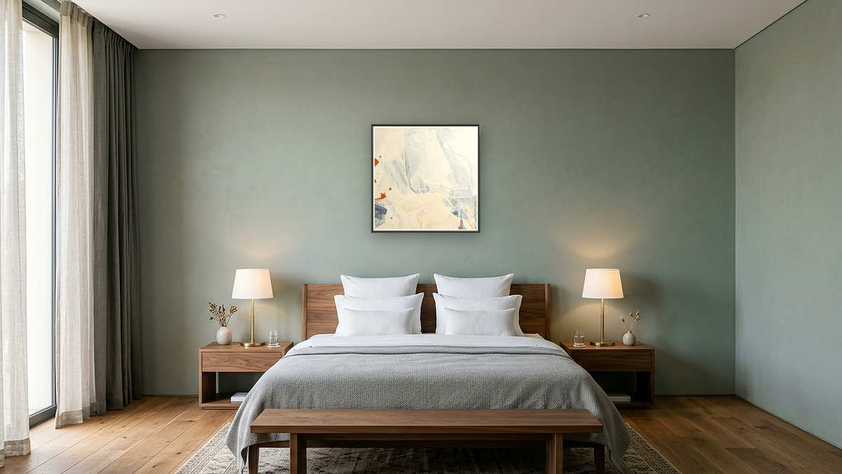 Snack 8 by Nino Yuniardi, shown at 32 × 32 in (81.3 × 81.3 cm) on canvas in Ramino Satin Black, hotel guest room