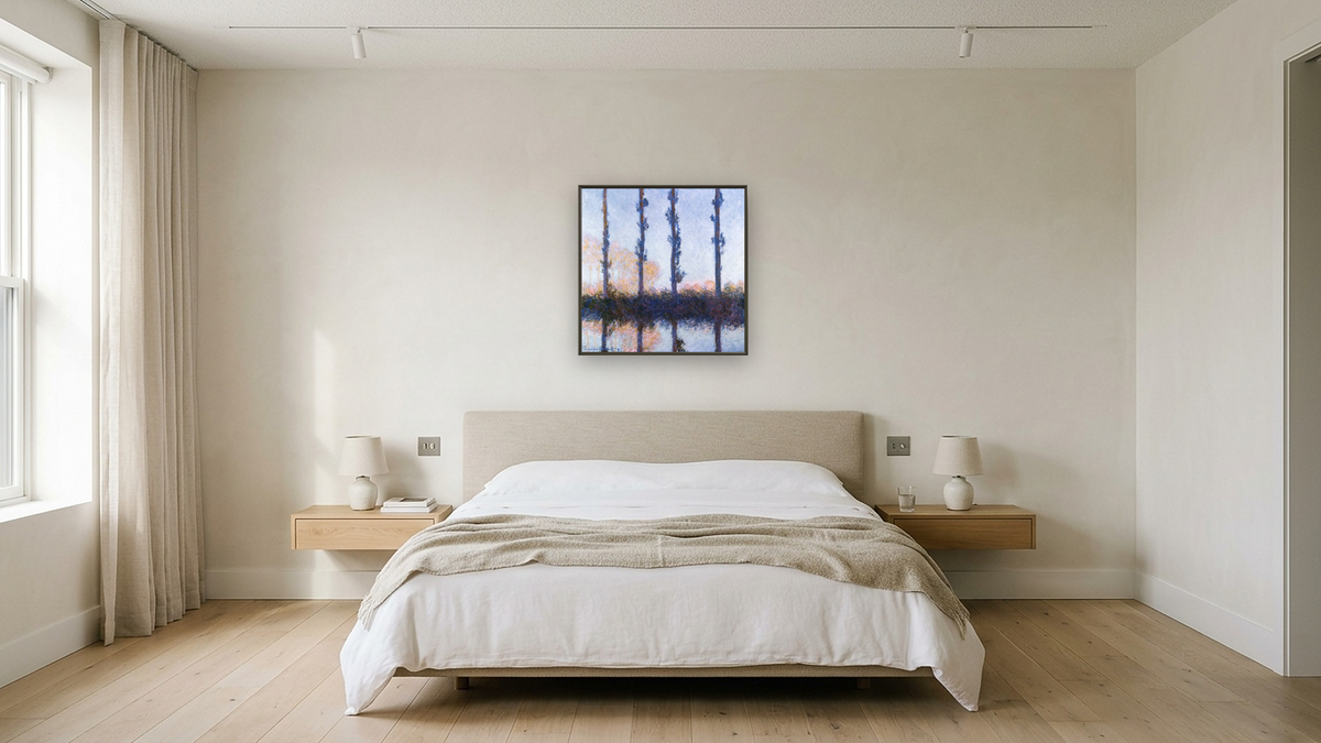 The Four Trees by Claude Monet, shown at 32 × 32 in (81.3 × 81.3 cm) on canvas in Ramino Satin Black, hotel guest room