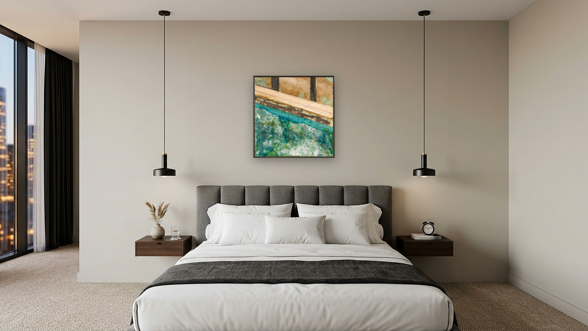 Deep Plunge by Dobee Snowber, shown at 32 × 32 in (81.3 × 81.3 cm) on canvas in Ramino Satin Black, hotel guest room