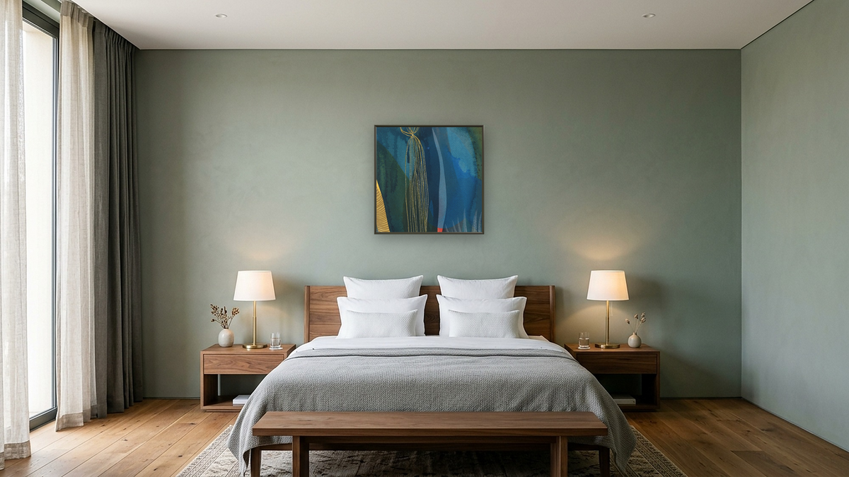 Underwater Reverie 10 by Jenny Phillips, shown at 32 × 32 in (81.3 × 81.3 cm) on canvas in Ramino Satin Black, hotel guest room