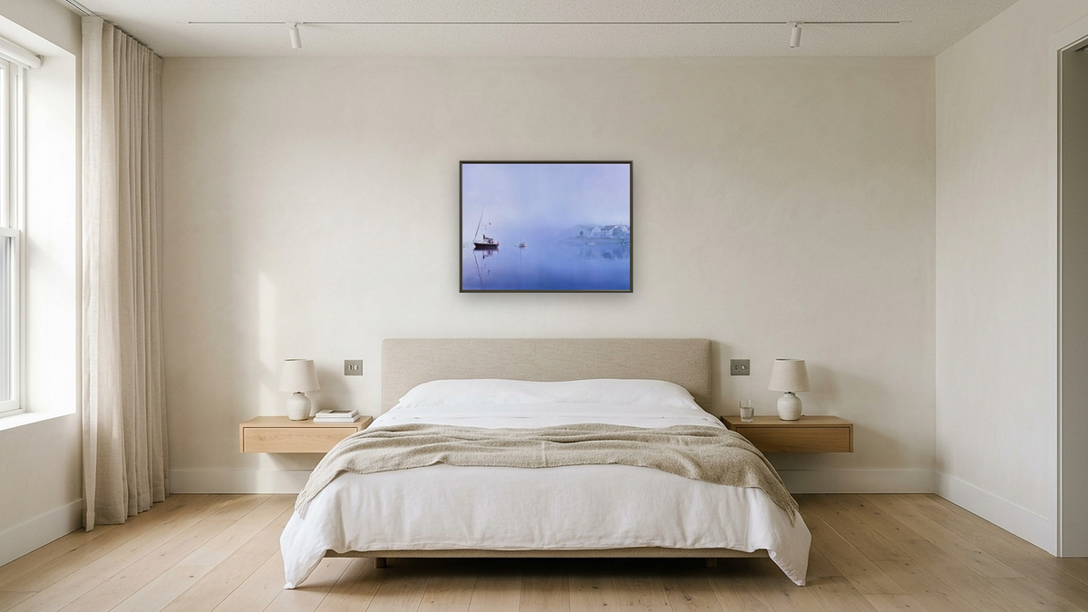 Watch Hill AM by Kirsten Söderlind, shown at 30 × 40 in (76.2 × 101.6 cm) on canvas in Ramino Satin Black, hotel guest room