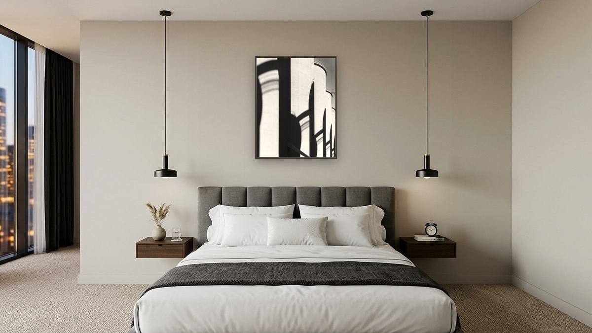 Strain Warehouse #23 by Gordon Osmundson, shown at 32 × 40 in (81.3 × 101.6 cm) on canvas in Ramino Satin Black, hotel guest room