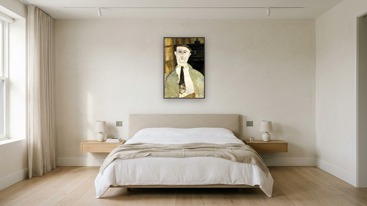 Paul Guillaume by Amedeo Modigliani, shown at 28 × 42 in (71.1 × 106.7 cm) on canvas in Ramino Satin Black, hotel guest room