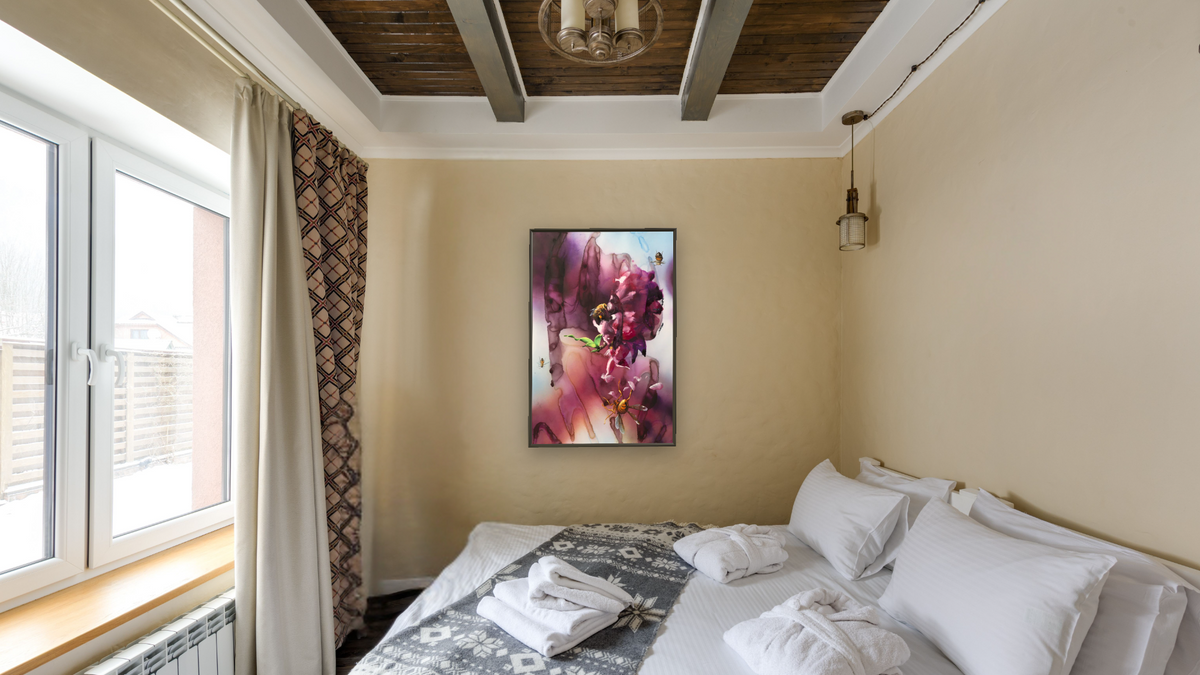 Cherry Blossoms by Alexis Rockman, shown at 28 × 42 in (71.1 × 106.7 cm) on canvas in Ramino Satin Black, hotel guest room