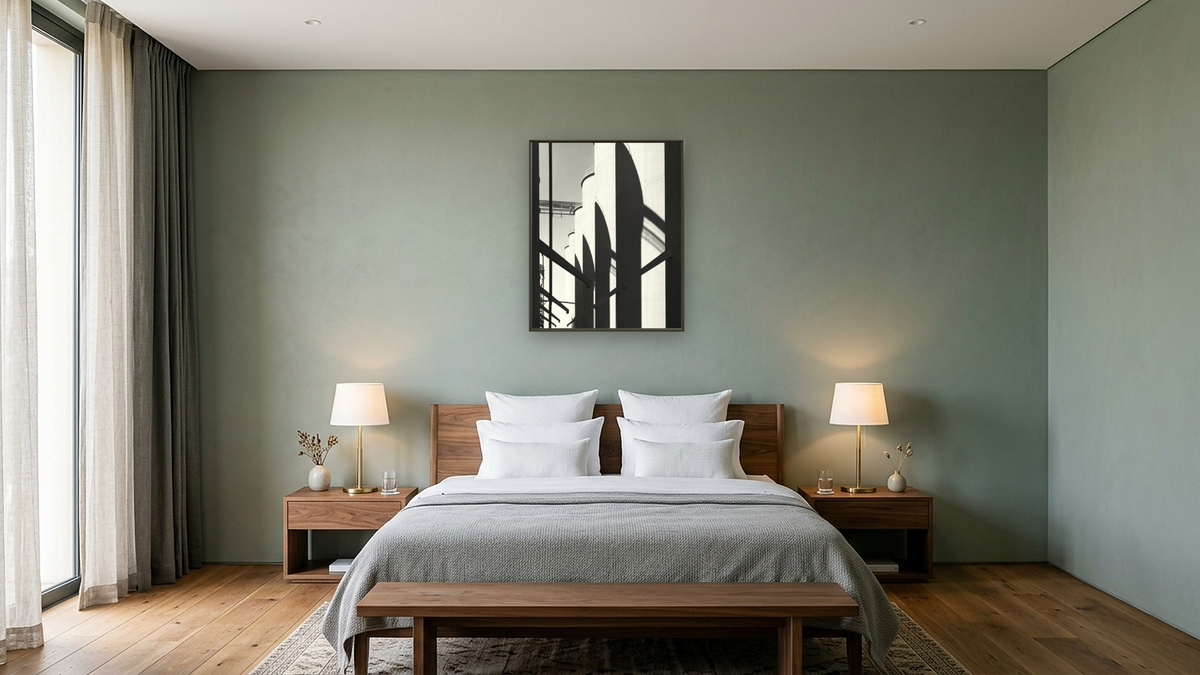 Strain Warehouse #14 by Gordon Osmundson, shown at 32 × 40 in (81.3 × 101.6 cm) on canvas in Ramino Satin Black, hotel guest room