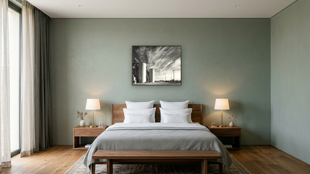Grain Elevators with Clouds by Gordon Osmundson, shown at 32 × 40 in (81.3 × 101.6 cm) on canvas in Ramino Satin Black, hotel guest room