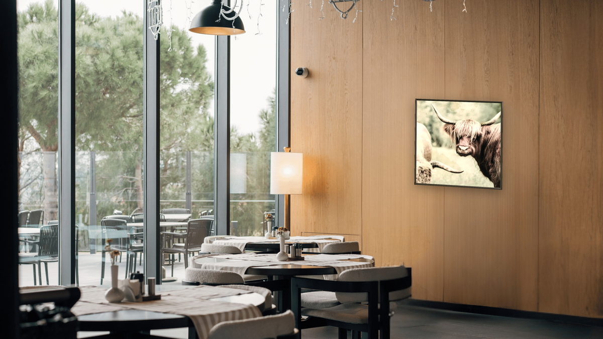 three horns by Brandon Luther, shown at 32 × 32 in (81.3 × 81.3 cm) on canvas in Ramino Satin Black, restaurant