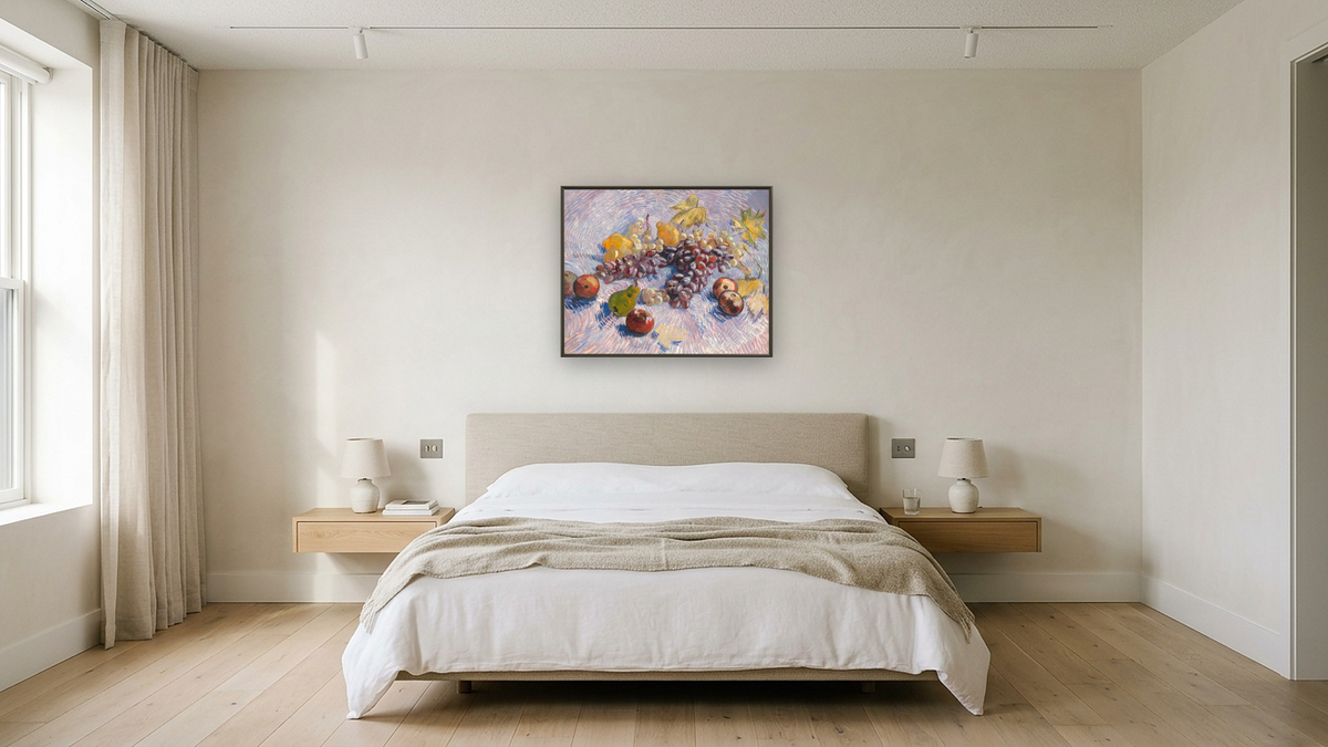 Grapes, Lemons, Pears, and Apples by Vincent van Gogh, shown at 32 × 40 in (81.3 × 101.6 cm) on canvas in Ramino Satin Black, hotel guest room