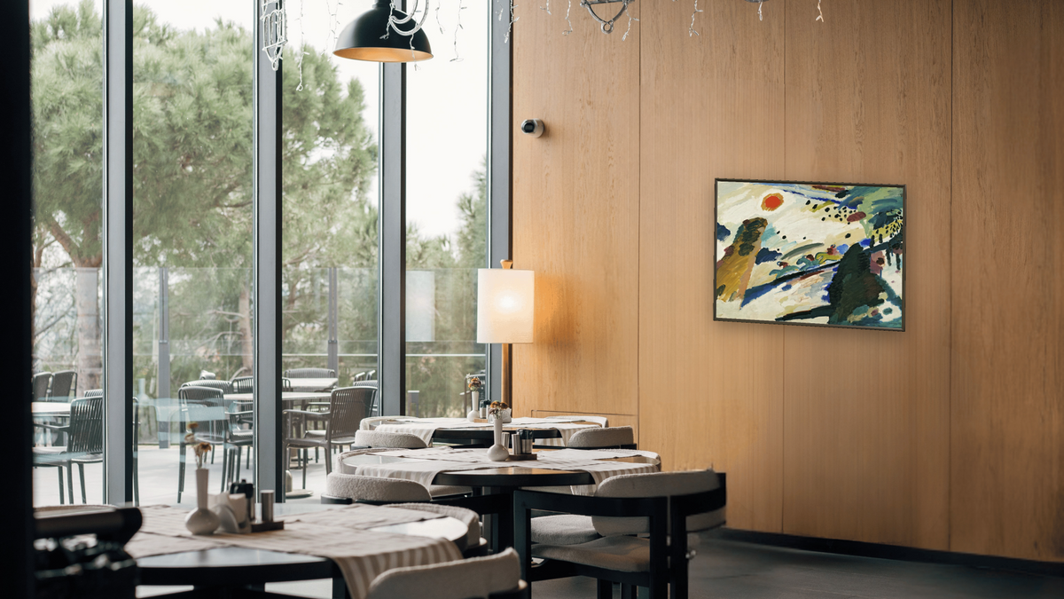 Romantic Landscape by Wassily Kandinsky, shown at 30 × 40 in (76.2 × 101.6 cm) on canvas in Ramino Satin Black, restaurant