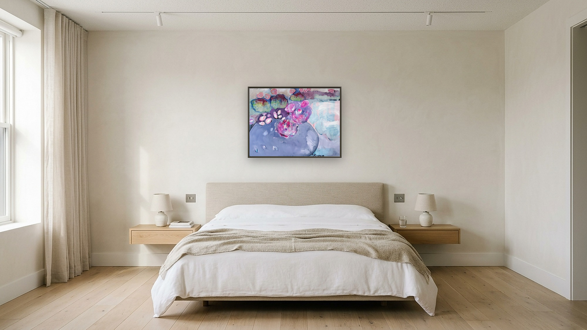 Pink Poppies by Diane Boone, shown at 30 × 40 in (76.2 × 101.6 cm) on canvas in Ramino Satin Black, hotel guest room
