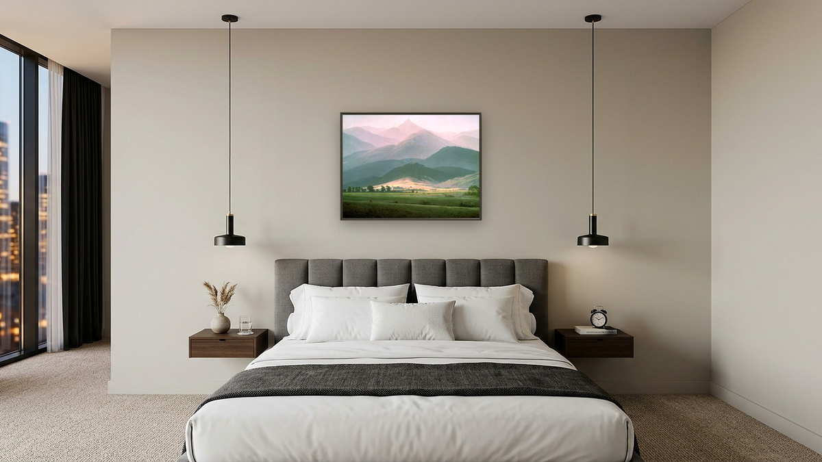 Landscape in the Riesengebirge by Caspar David Friedrich, shown at 30 × 40 in (76.2 × 101.6 cm) on canvas in Ramino Satin Black, hotel guest room