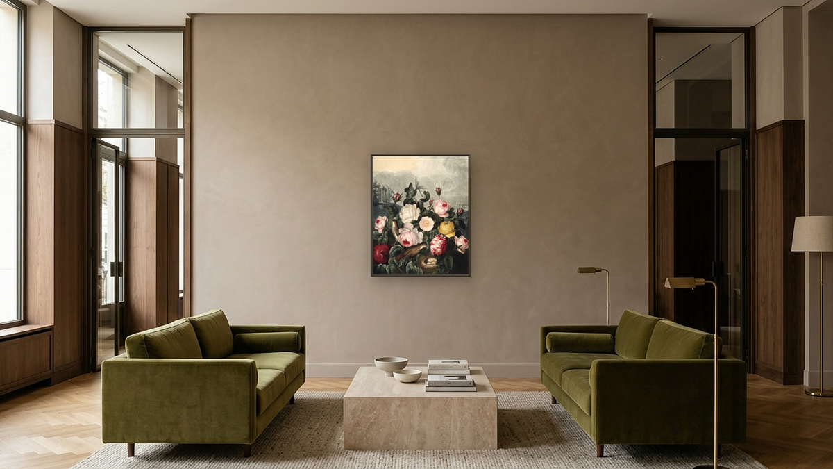 Roses by Robert John Thornton, shown at 32 × 40 in (81.3 × 101.6 cm) on canvas in Ramino Satin Black, hotel lobby