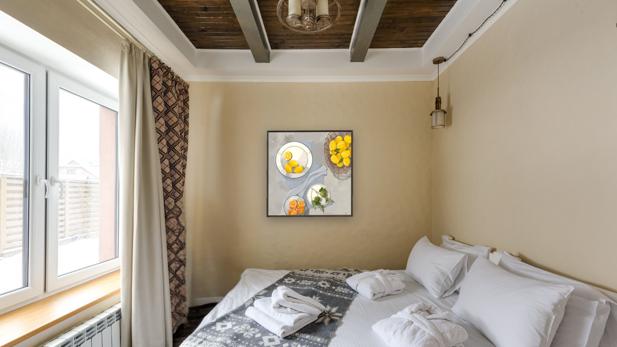 Sweeter By the Hour by Catherine Gerke, shown at 32 × 32 in (81.3 × 81.3 cm) on canvas in Ramino Satin Black, hotel guest room