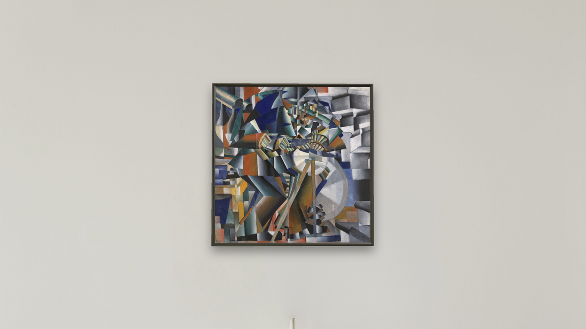 Tochil’schik Printsip Mel’kaniia (The Knife Grinder or Principle of Glittering) by Kazimir Malevich, shown at 32 × 32 in (81.3 × 81.3 cm) on canvas in Ramino Satin Black, boardroom