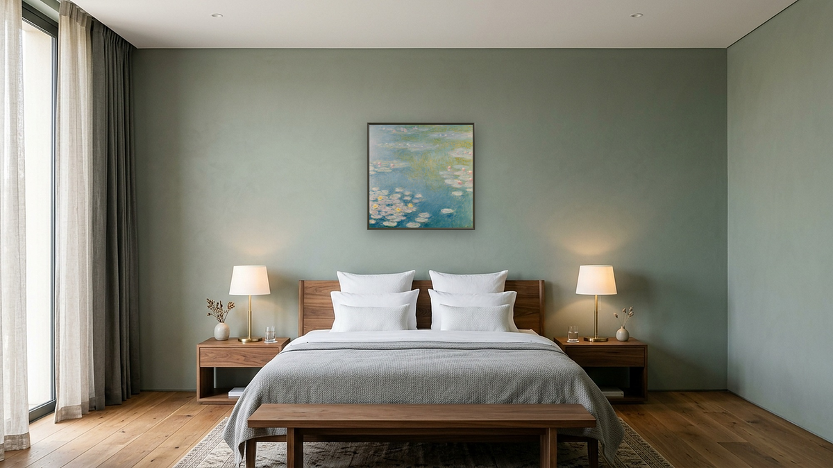 Nympheas at Giverny by Claude Monet, shown at 32 × 32 in (81.3 × 81.3 cm) on canvas in Ramino Satin Black, hotel guest room