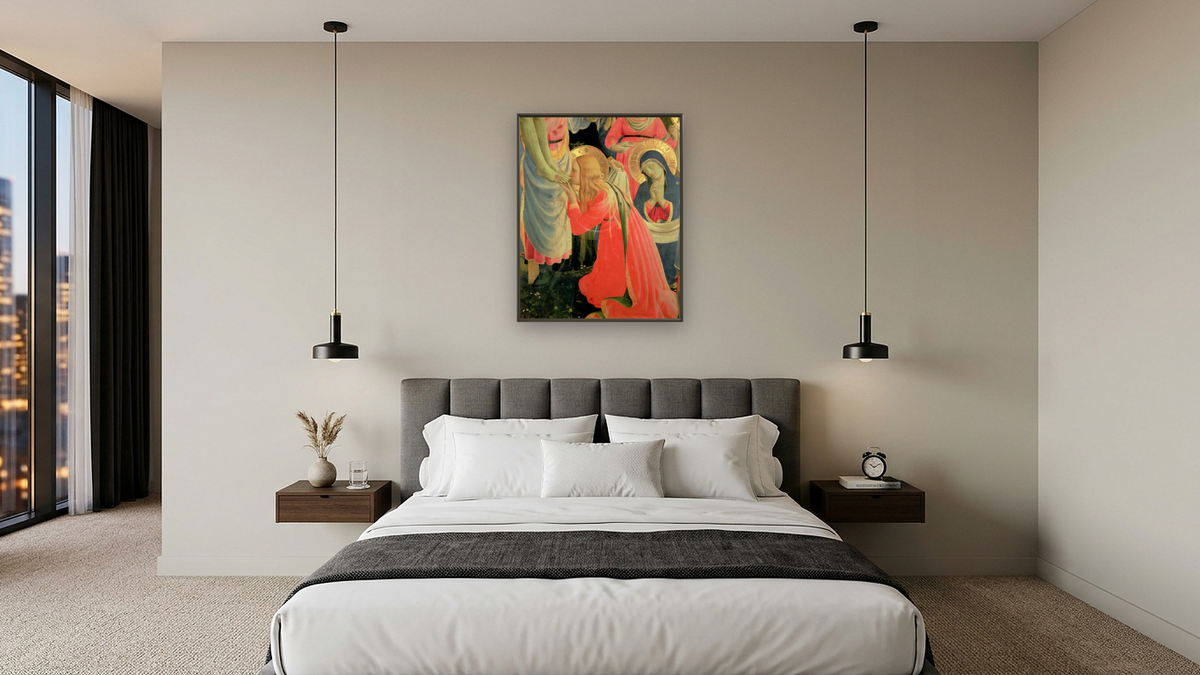 Santa Trinita Altarpiece, detail of Mary Magdalene by Fra Angelico, shown at 32 × 40 in (81.3 × 101.6 cm) on canvas in Ramino Satin Black, hotel guest room