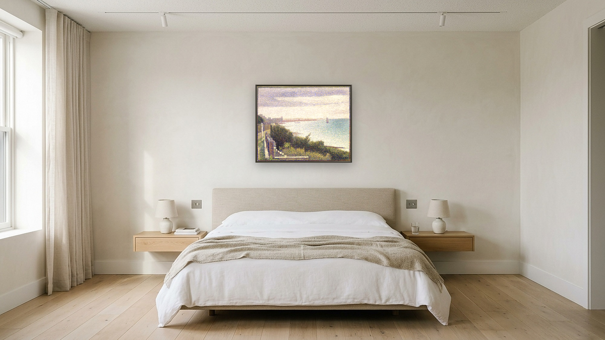 Grandcamp, Un Soir (Grandcamp, Evening) by Georges Seurat, shown at 32 × 40 in (81.3 × 101.6 cm) on canvas in Ramino Satin Black, hotel guest room