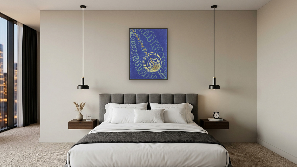 Group I, Primordial Chaos, No. 16, from The WU/Rose Series (Grupp 1, Urkaos, nr 16, Serie WU/Rosen) by Hilma af Klint, shown at 30 × 40 in (76.2 × 101.6 cm) on canvas in Ramino Satin Black, hotel guest room