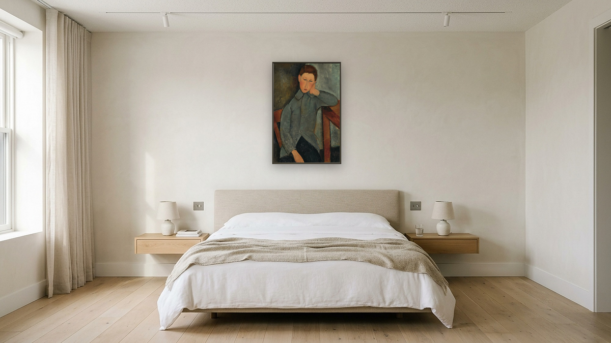 The Boy by Amedeo Modigliani, shown at 28 × 42 in (71.1 × 106.7 cm) on canvas in Ramino Satin Black, hotel guest room