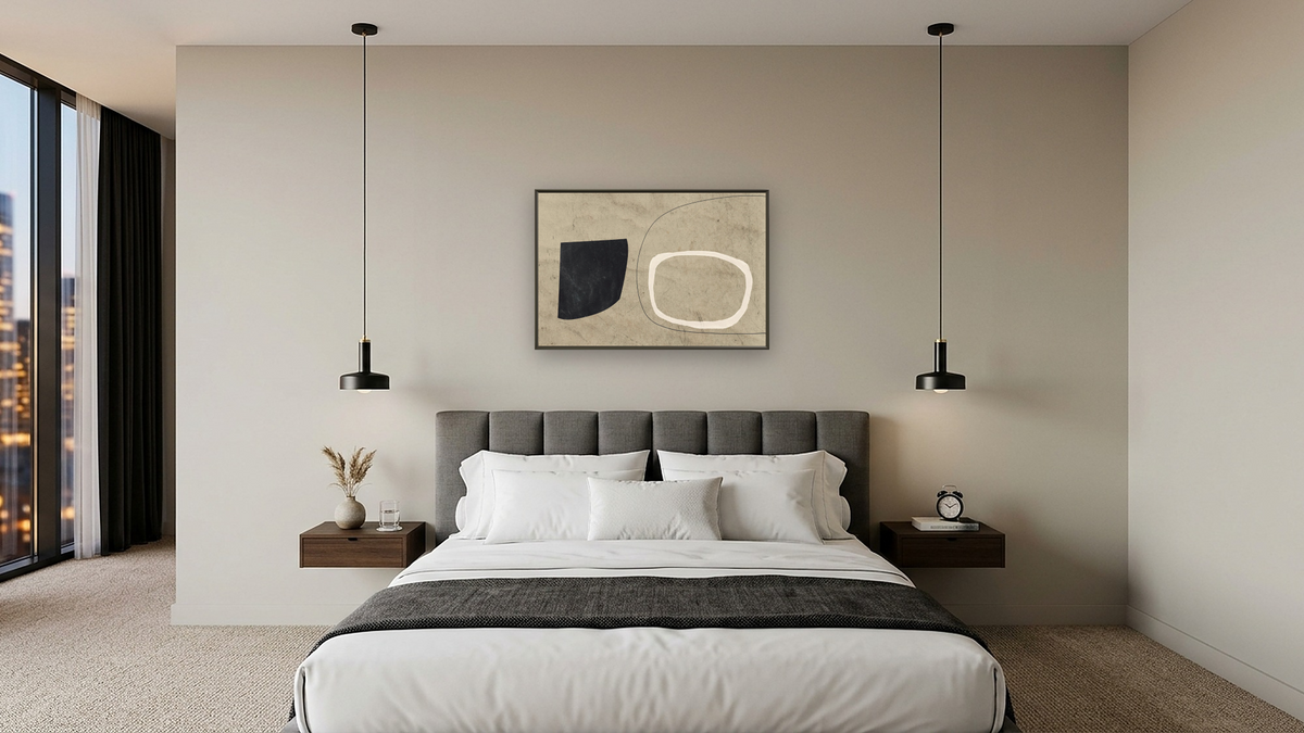 Comfort by Dan Hobday, shown at 28 × 42 in (71.1 × 106.7 cm) on canvas in Ramino Satin Black, hotel guest room