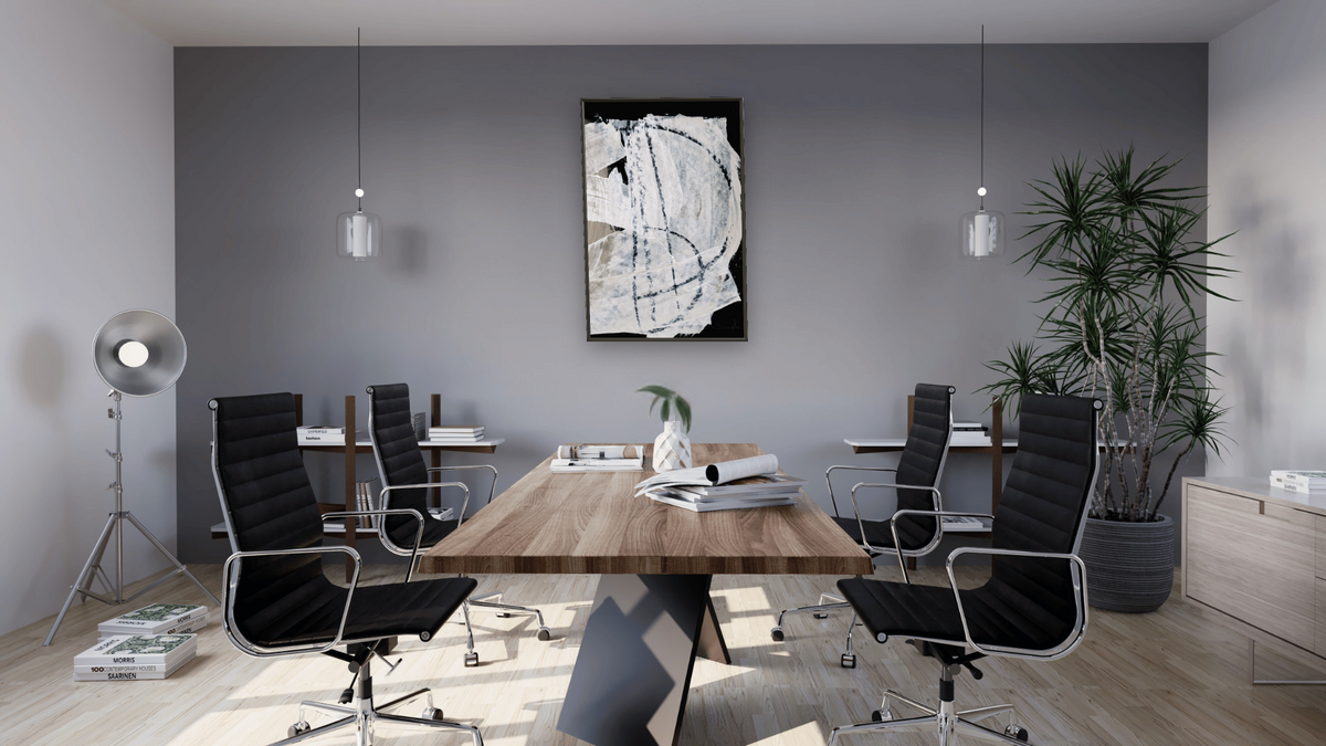 After 2 by Dan Hobday, shown at 28 × 42 in (71.1 × 106.7 cm) on canvas in Ramino Satin Black, boardroom