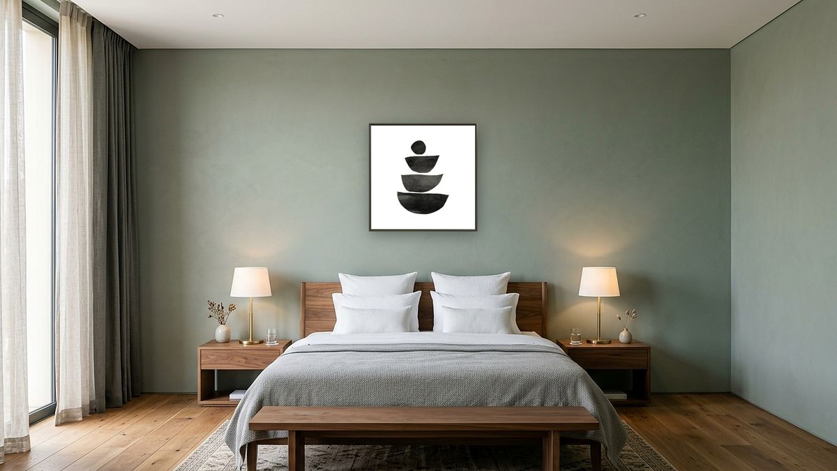 Mono Shapes 3 by Dan Hobday, shown at 32 × 32 in (81.3 × 81.3 cm) on canvas in Ramino Satin Black, hotel guest room